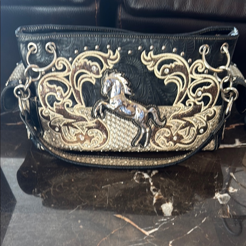 Western Horse Embroidered Black and Gold Handbag